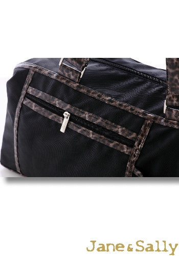 (JaneSally)Nylon Decoration With PU Leather Waterproof Travel Bag Handbag Shoulder Bag With Detachable Strap Cross Body Bag(Black Leopard)