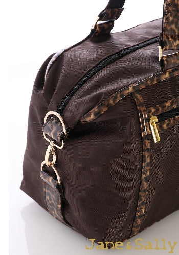 (JaneSally)Nylon Decoration With PU Leather Waterproof Travel Bag Handbag Shoulder Bag With Detachable Strap Cross Body Bag(Brown Leopard)