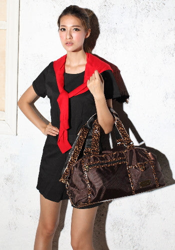 (JaneSally)Nylon Decoration With PU Leather Waterproof Travel Bag Handbag Shoulder Bag With Detachable Strap Cross Body Bag(Brown Leopard)