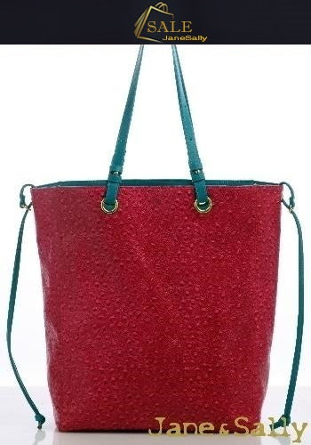(JaneSally)Plain PU Leather Double-sided Tote Bag Adjustable handle Shoulder Bag Shopping Bag (Ostrich peach red with blue color)