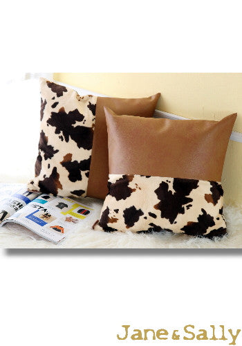 (JaneSally)PU Leather Patchwork With Polyester Fluff Fabric Pillowcase Cushion Cover(Cow Spot)