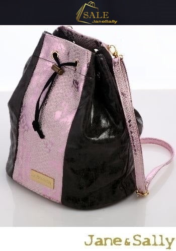 (JaneSally)Patchwork With Two Kinds Of PU Leathers Snakeskin Pattern Backpack Shoulder Bag With Detachable Strap Barrel Bag(Bright Pink)