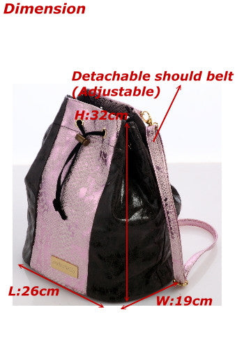 (JaneSally)Patchwork With Two Kinds Of PU Leathers Snakeskin Pattern Backpack Shoulder Bag With Detachable Strap Barrel Bag(Bright Pink)